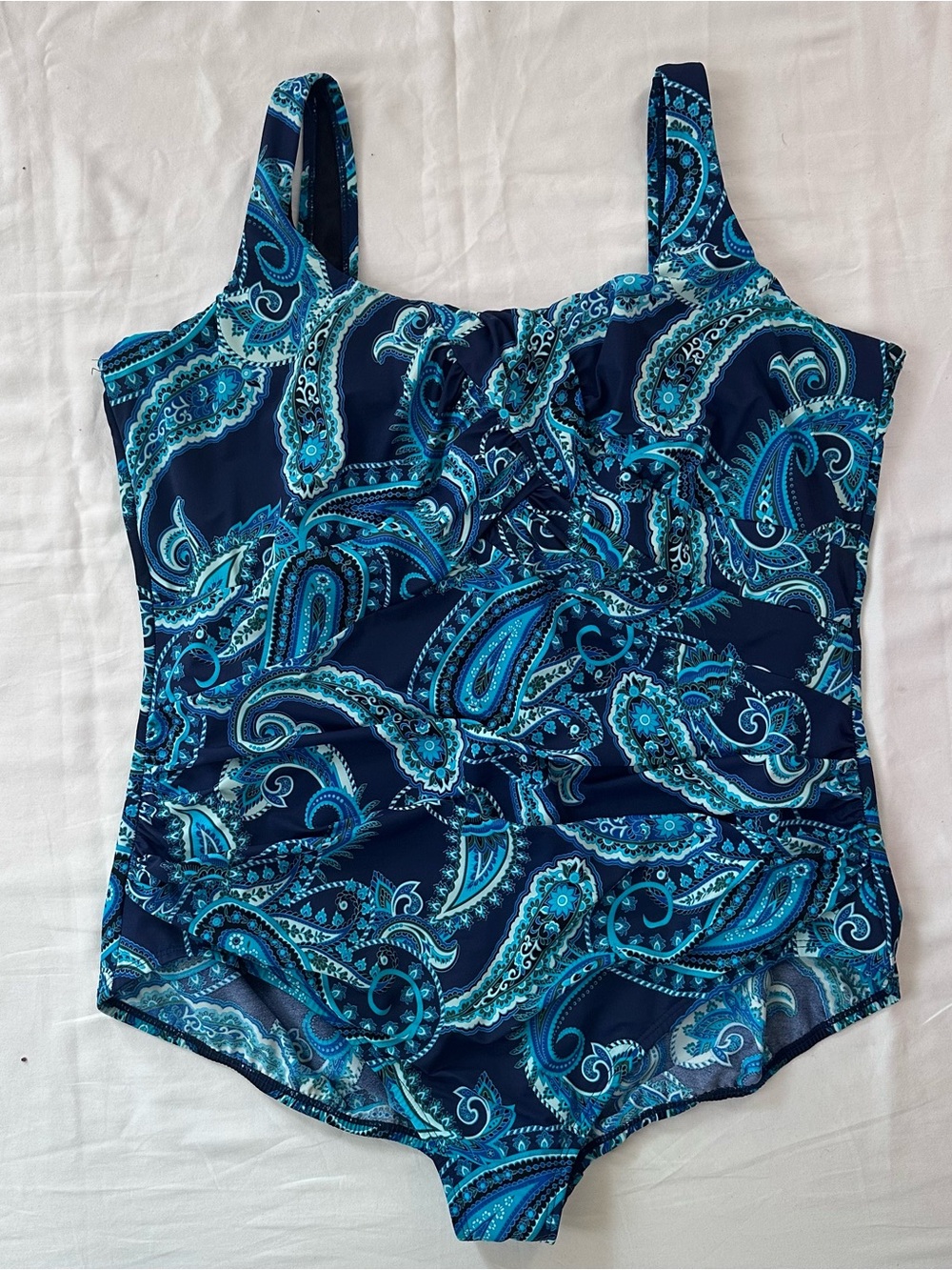 LANDS’ END Blue Paisley SlenderSuit Swimsuit 22W DDD Tummy Control